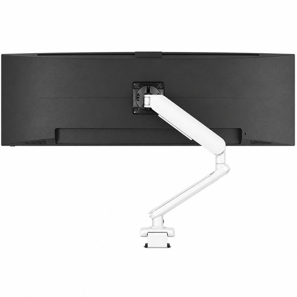 Black monitor with a white adjustable arm on a white background