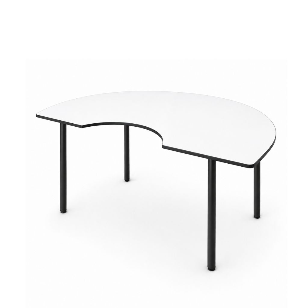 White curve-shaped table with black legs on a white background