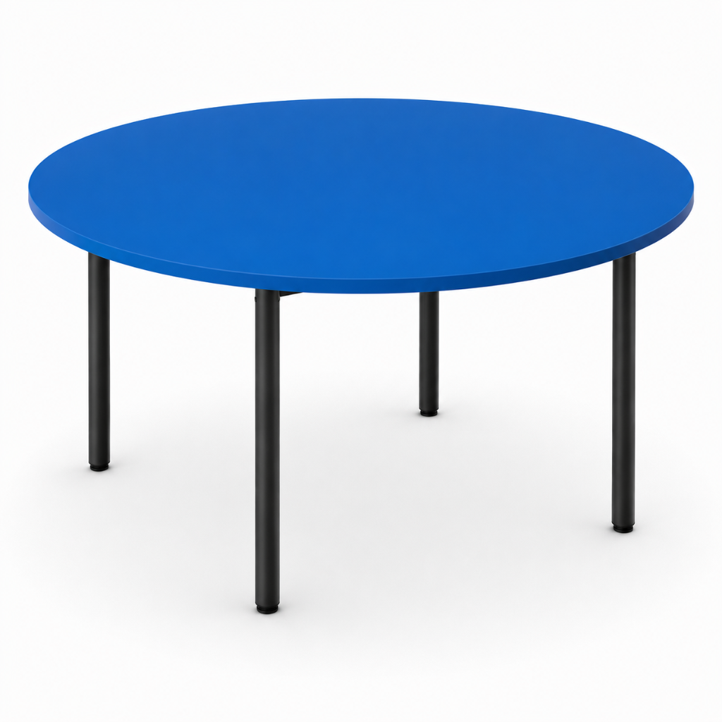 Round blue table with black legs on a white background