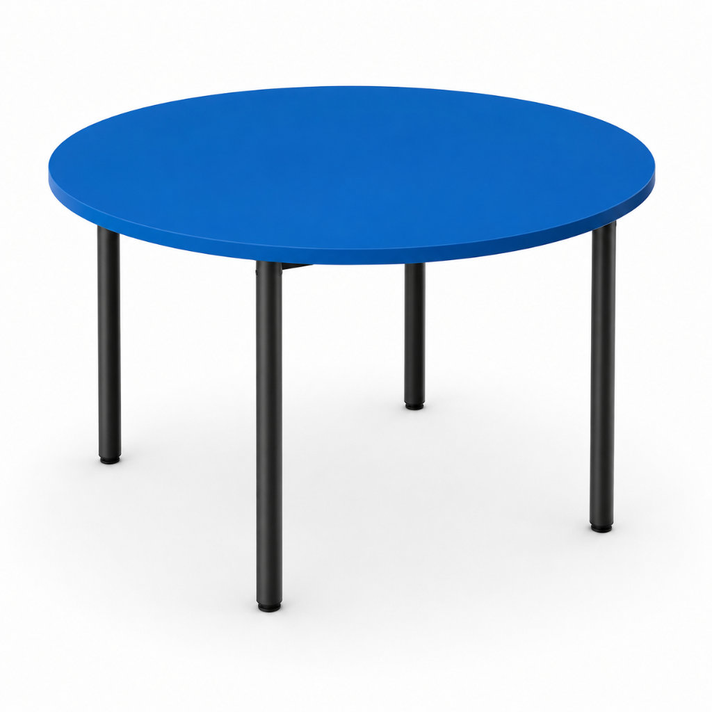 Round blue table with black legs on a white background