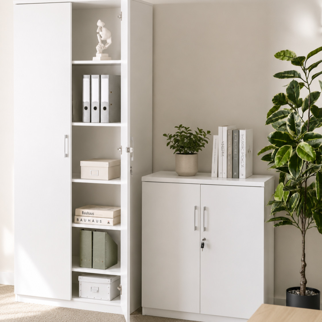 A tall white storage cabinet with open shelves on the left and a smaller matching cabinet with two doors on the right, styled in a bright room with books, boxes, and a potted plant.