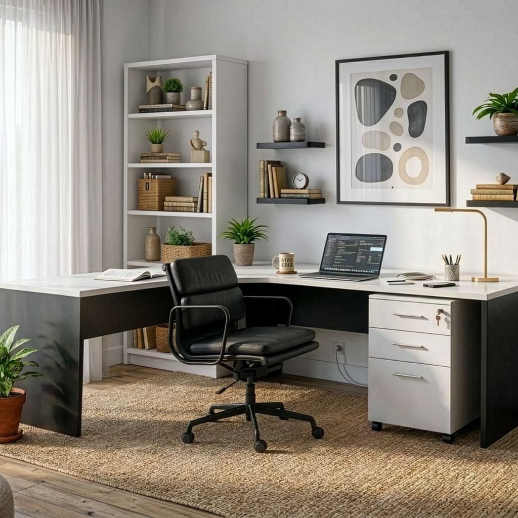 Modern home office with a L-shaped desk, chair, and decorative elements.