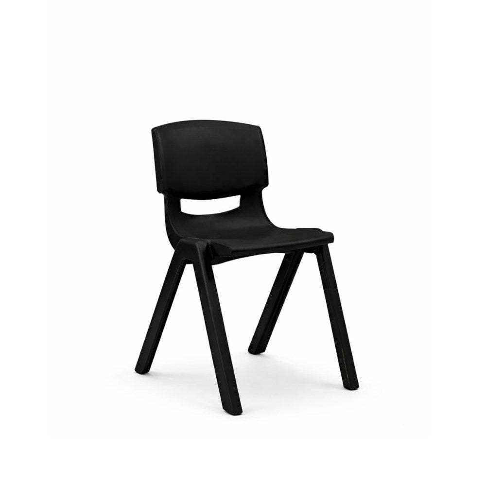 A modern black molded plastic chair with a backrest and four angled legs, shown from a three-quarter angle on a white background.