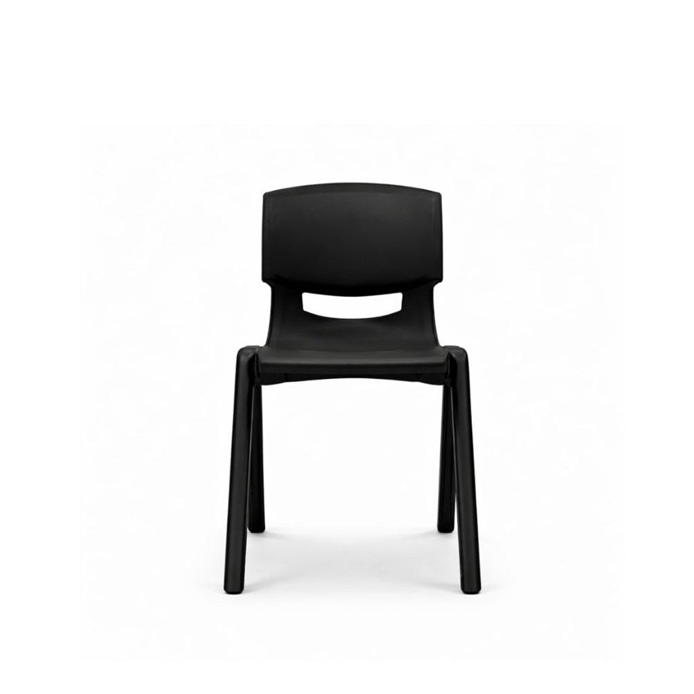 A modern black plastic dining chair with a cutout backrest and tapered legs, shown from a front-facing perspective on a clean white background.