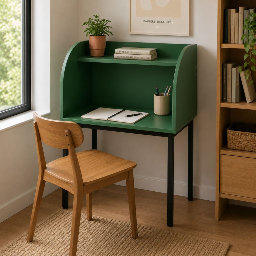 Green desk with a wooden chair in a room with a window and bookshelf.