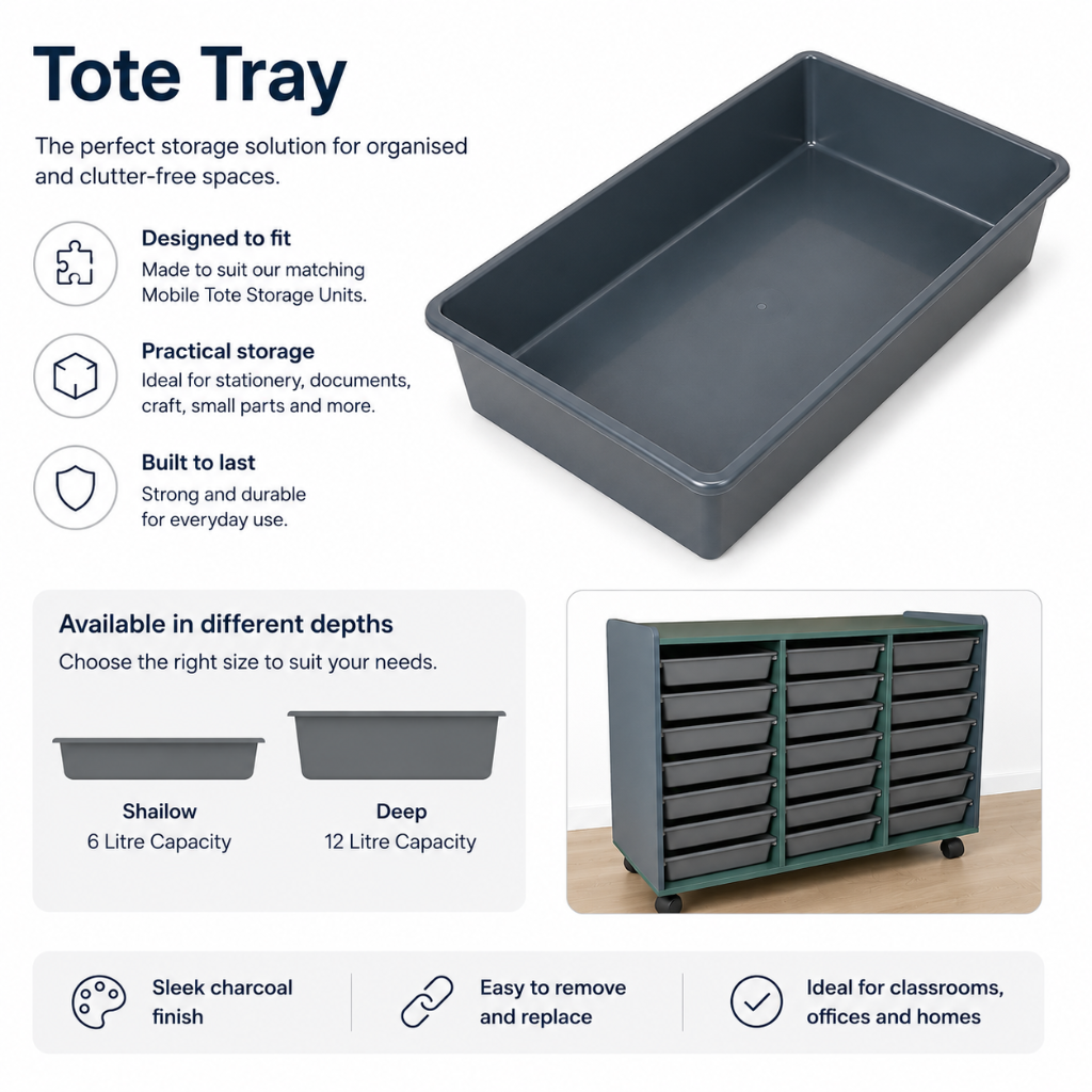 Grey tote tray with features and specifications on a white background