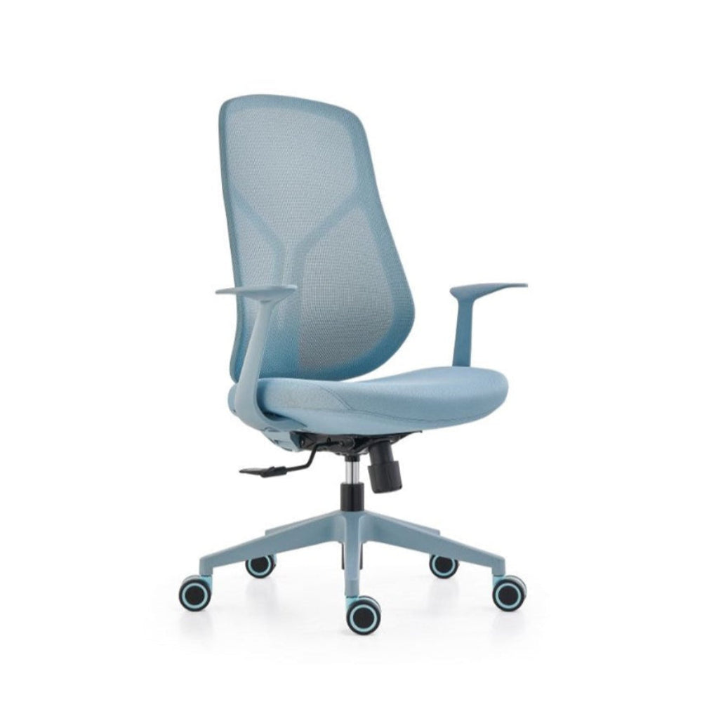 Blue office chair with mesh back on a white background
