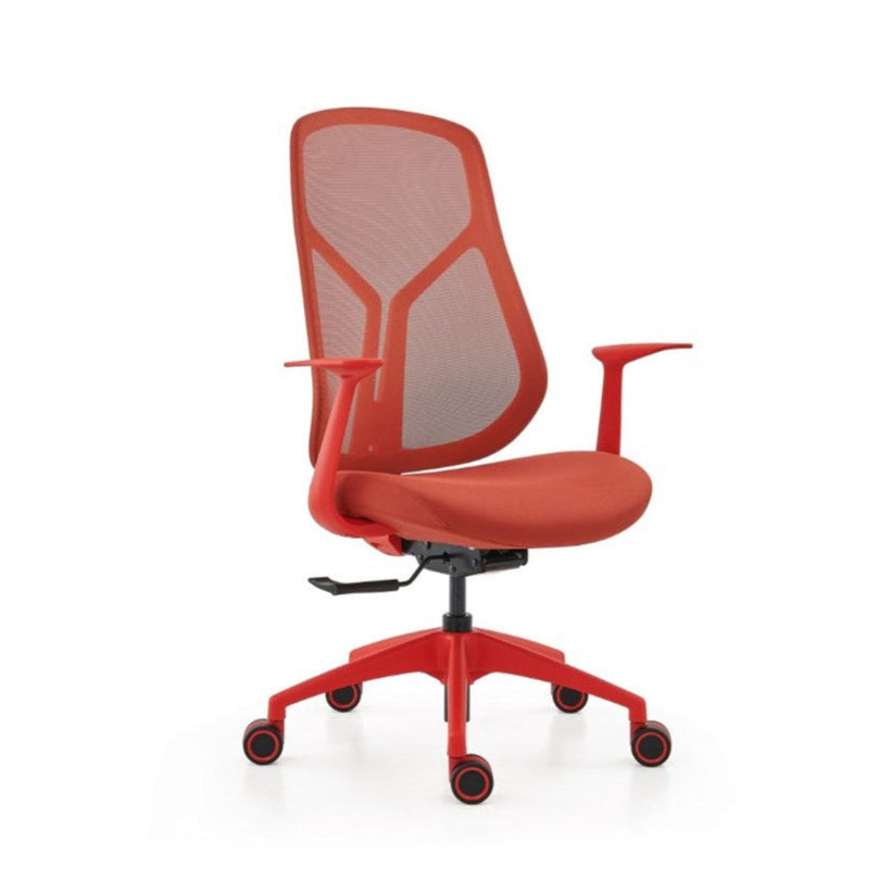 Red office chair with mesh back on a white background